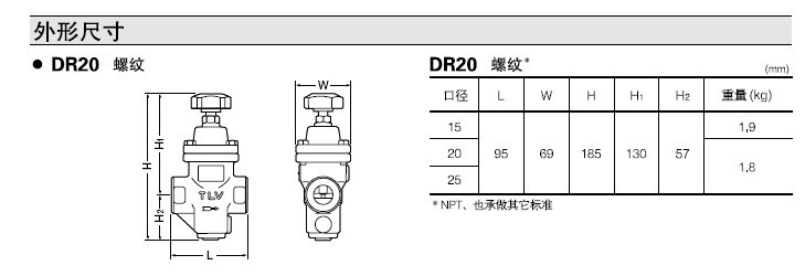 DR20减压阀的外形尺寸