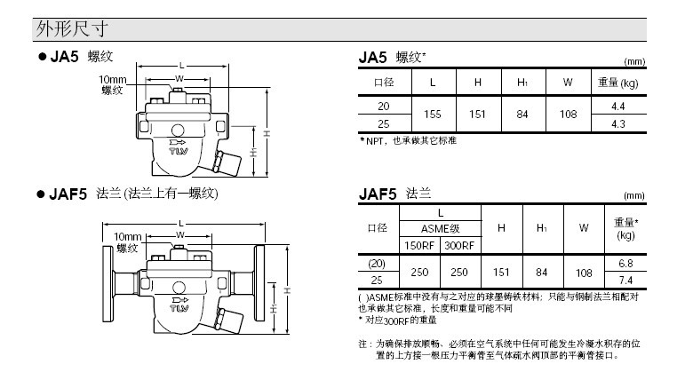 JA5·JAF5疏水阀的外形尺寸